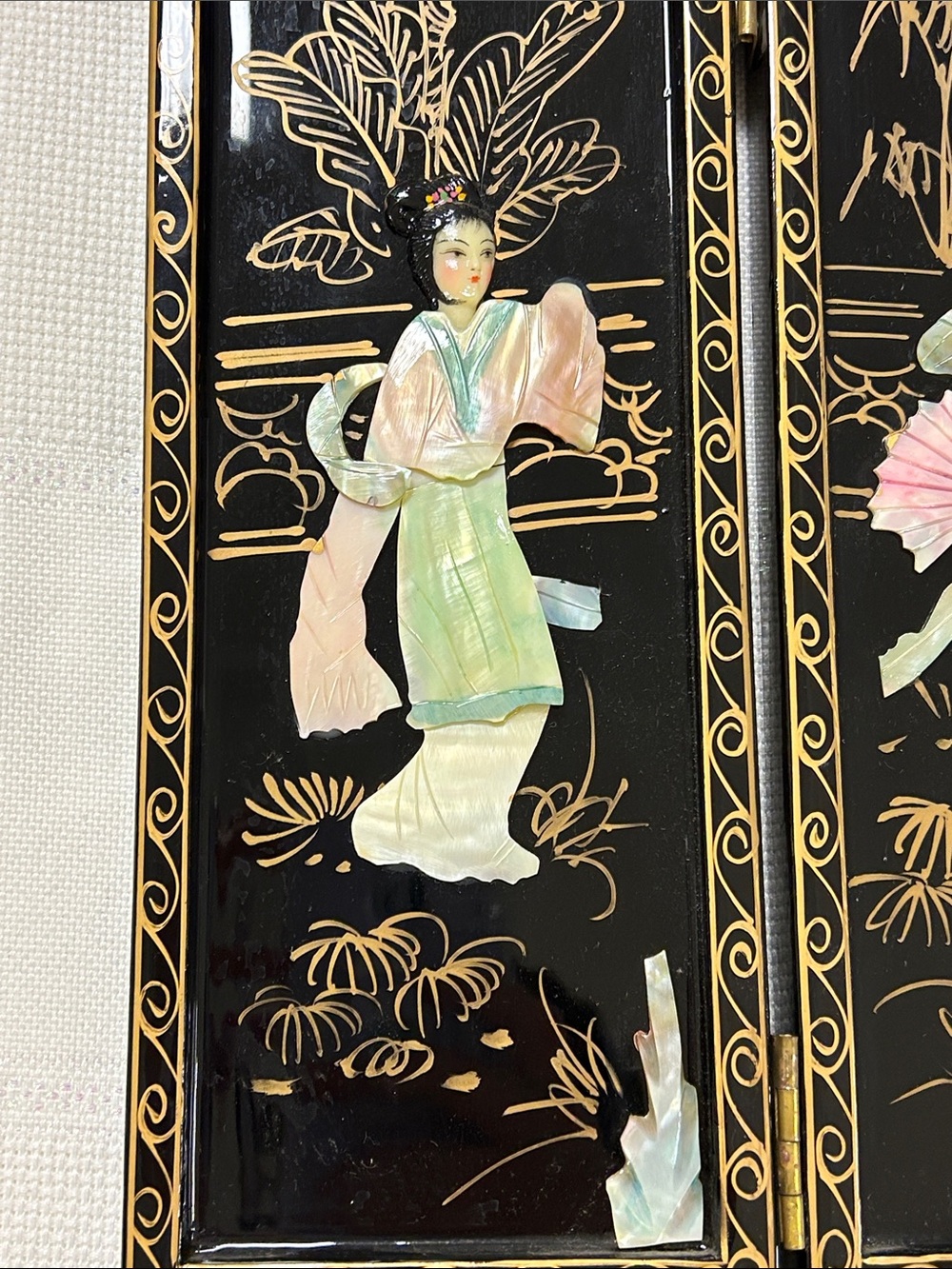 Miniature Chinese black lacquer four panel table top folding screen image 2